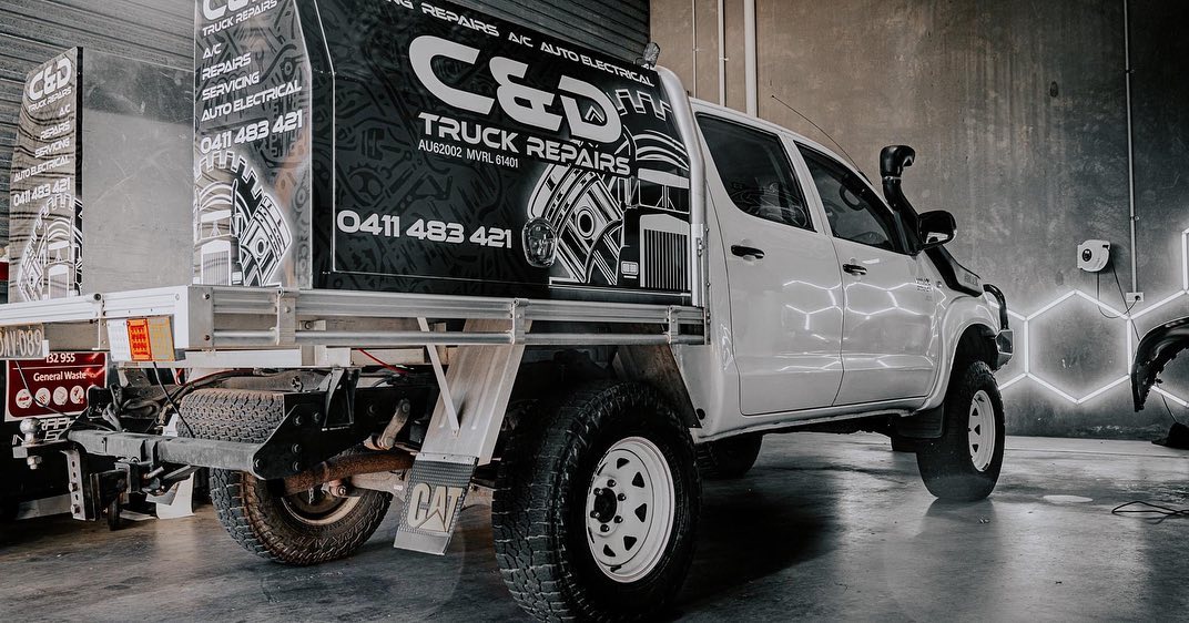 Rear view of the C and D Truck Repairs fitted-out service ute