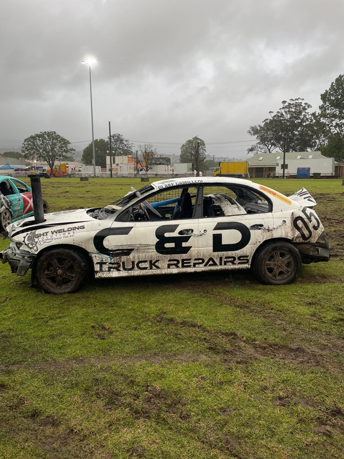 C and D Truck Repairs signwritten demolition derby car at a local Illawarra showground